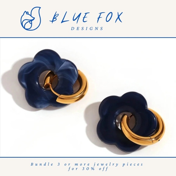 *NEW* 18K Gold Plated Stainless Steel Drop Flower Acrylic Earrings (Blue/Black) - Picture 1 of 6